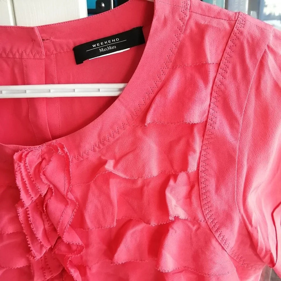 Weekend MaxMara Silk Ruffle Front Short Sleeve T-Shirt Blouse Pink Small - Picture 5 of 13